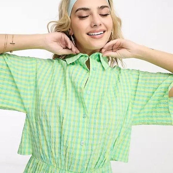 NWT ASOS DESIGN cut out back shirt mini dress with seersucker green and yellow c - Picture 5 of 5